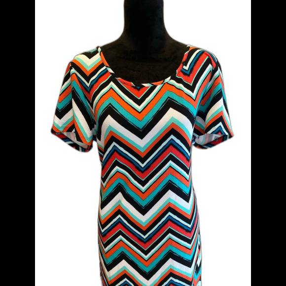 Bobbie Brooks Chevron Dress Size 1X Turquoise Orange Stretchy Flare Hemline - Picture 2 of 12